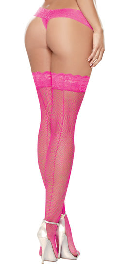 Dreamgirl Fishnet Thigh High Stockings Neon Pink on a model wearing a thong, showcasing the vibrant color and fishnet design.