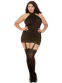 Dreamgirl Sheer Garter Dress Black Queen Plus Size worn by a plus-size model, showcasing elegant lace details and attached garters.