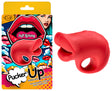 Pucker Up Lips With Ergonomic Finger Hold Red Vibrator displayed alongside its colorful packaging for clitoral stimulation.