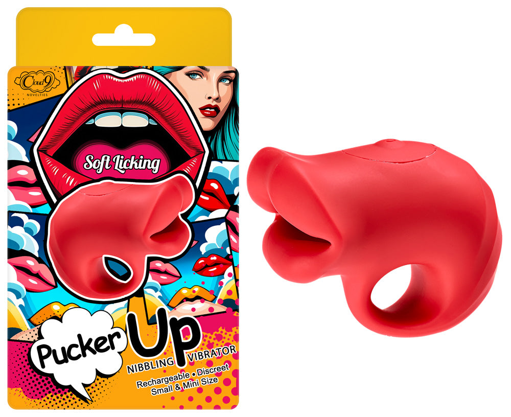 Pucker Up Lips With Ergonomic Finger Hold Red Vibrator displayed alongside its colorful packaging for clitoral stimulation.