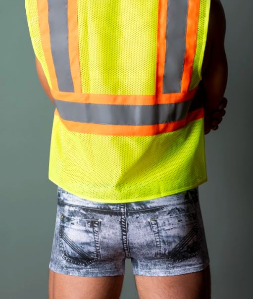 Male Power Workin' Hard Denim Construction Costume L/XL featuring neon vest and denim shorts.