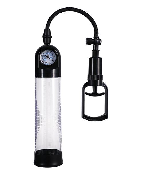 Rock Solid Boost It Penis Pump with Gauge showing clear vacuum cylinder and pressure gauge for effective erection aid.