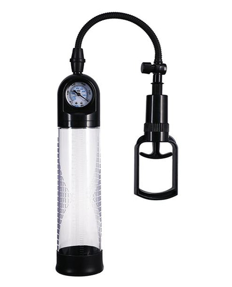 Rock Solid Boost It Penis Pump with Gauge showing clear vacuum cylinder and pressure gauge for effective erection aid.