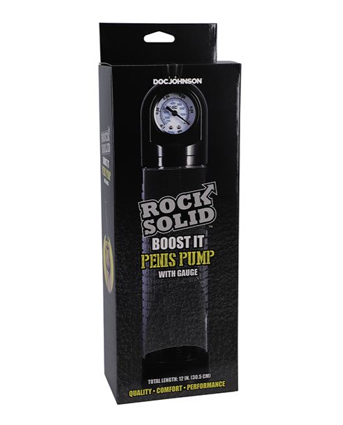 Rock Solid Boost It Penis Pump with Gauge packaging showing gauge and pump design.