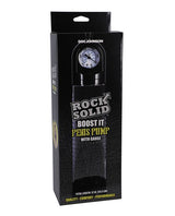 Rock Solid Boost It Penis Pump with Gauge packaging showing gauge and pump design.