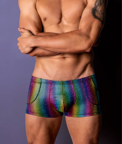 Male Power Pack & Play Pocket Short Rainbow Large displayed on a model showcasing its vibrant colors and functional design.