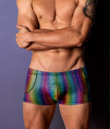 Male Power Pack & Play Pocket Short Rainbow Large displayed on a model showcasing its vibrant colors and functional design.