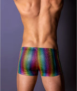 Male Power Pack & Play Pocket Short Rainbow Large showcased from the back, featuring vibrant rainbow stripes for stylish comfort.