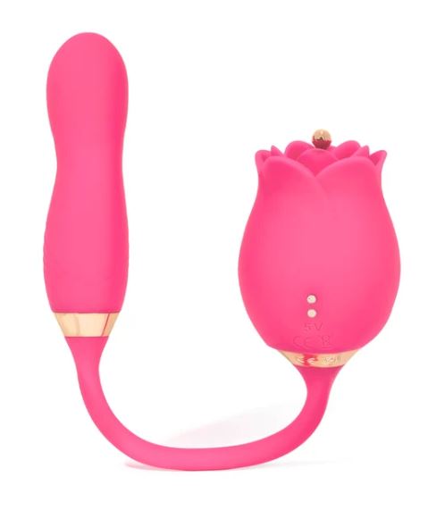 The Gg Rose Stem Thrusting Stimulator in pink, featuring a rose-inspired design and sensual curves for intimate pleasure.
