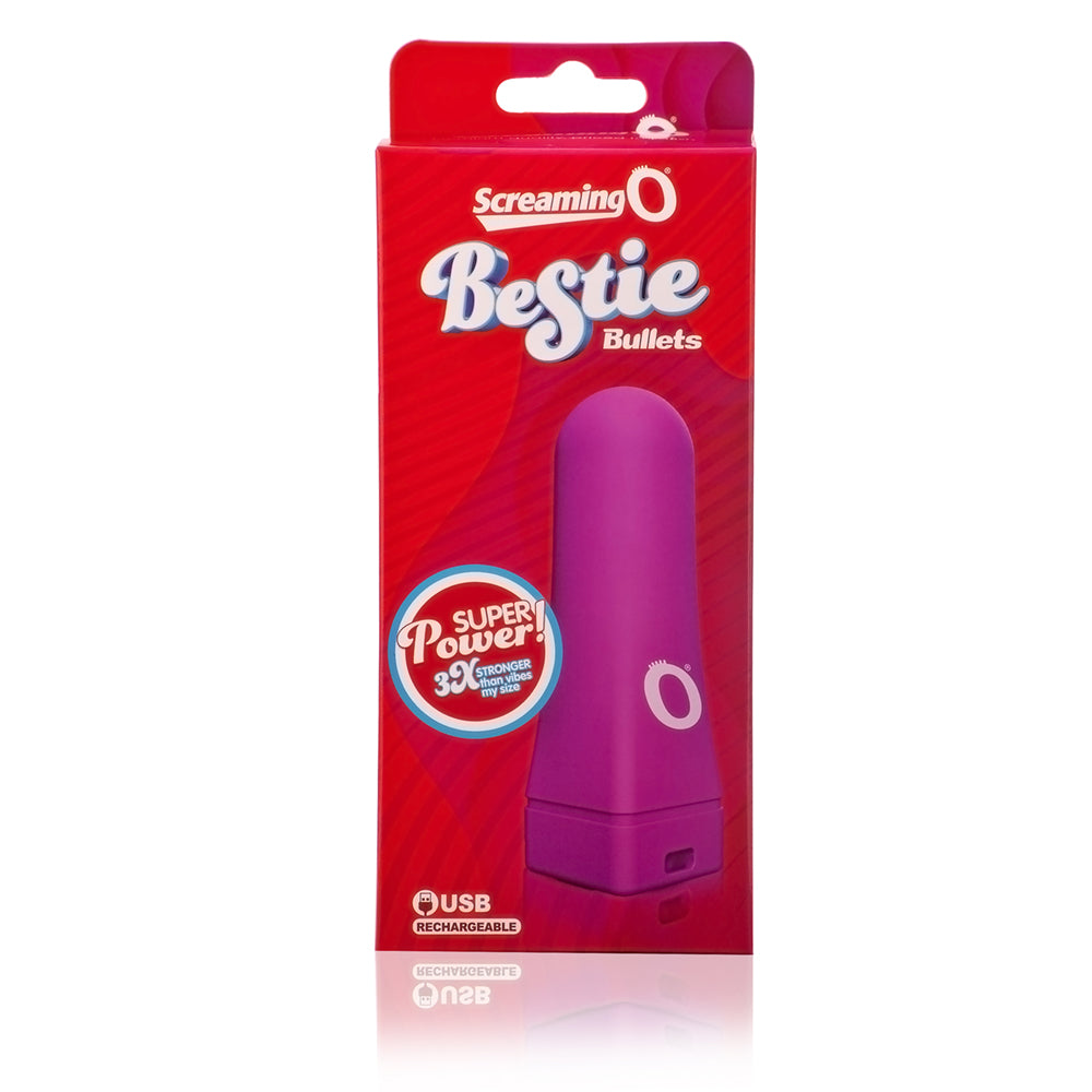 Screaming O Charged Bestie Bullet Purple Vibrator packaging featuring discreet design and super power features.