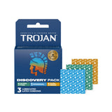 Trojan Discovery Condom Variety 3 Pack including ultra thin, original, and ultra ribbed options.