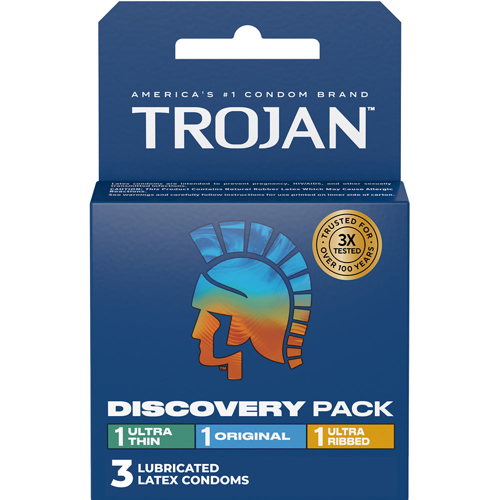 Trojan Discovery Condom Variety 3 Pack includes ultra thin, original, and ultra ribbed condoms for versatile sensations.