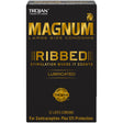 Trojan Magnum Ribbed Condoms 12 Pack packaging highlighting stimulation and lubrication features.