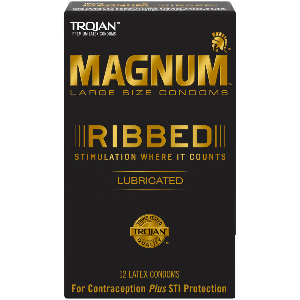 Trojan Magnum Ribbed Condoms 12 Pack packaging highlighting stimulation and lubrication features.