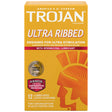 Trojan Ultra Ribbed Armor Spermicidal 12pk condom box designed for enhanced stimulation and pregnancy protection.