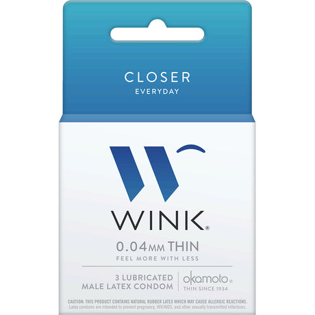 Wink Closer Ultra Thin Latex Condoms 3 Pack packaging featuring okamoto and 0.04mm thin description.