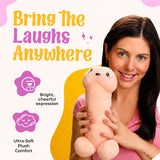 Happy Peckers Penis Pillow Small held by a smiling woman, showcasing its bright, cheerful design and ultra-soft plush comfort.