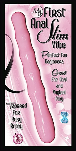 My First Anal Slim Vibe Waterproof Pink packaging, emphasizing its beginner-friendly features and tapered design.