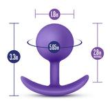 Blush Luxe Wearable Vibra Anal Plug Purple dimensions with size specifications for comfortable use.