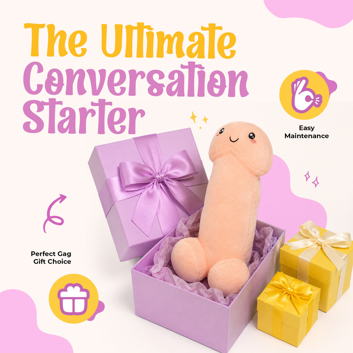 Happy Peckers Penis Pillow Small displayed in a gift box, perfect for playful decor and conversation starter.