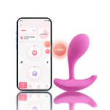 Oly 2 App-Enabled Wearable Vibrator Pink beside smartphone app interface for enhanced pleasure control.
