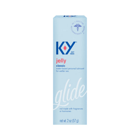 K-y Jelly Classic Water-based Glide 2 Oz packaging featuring a blue design, labeled as a personal lubricant for wetter sex.