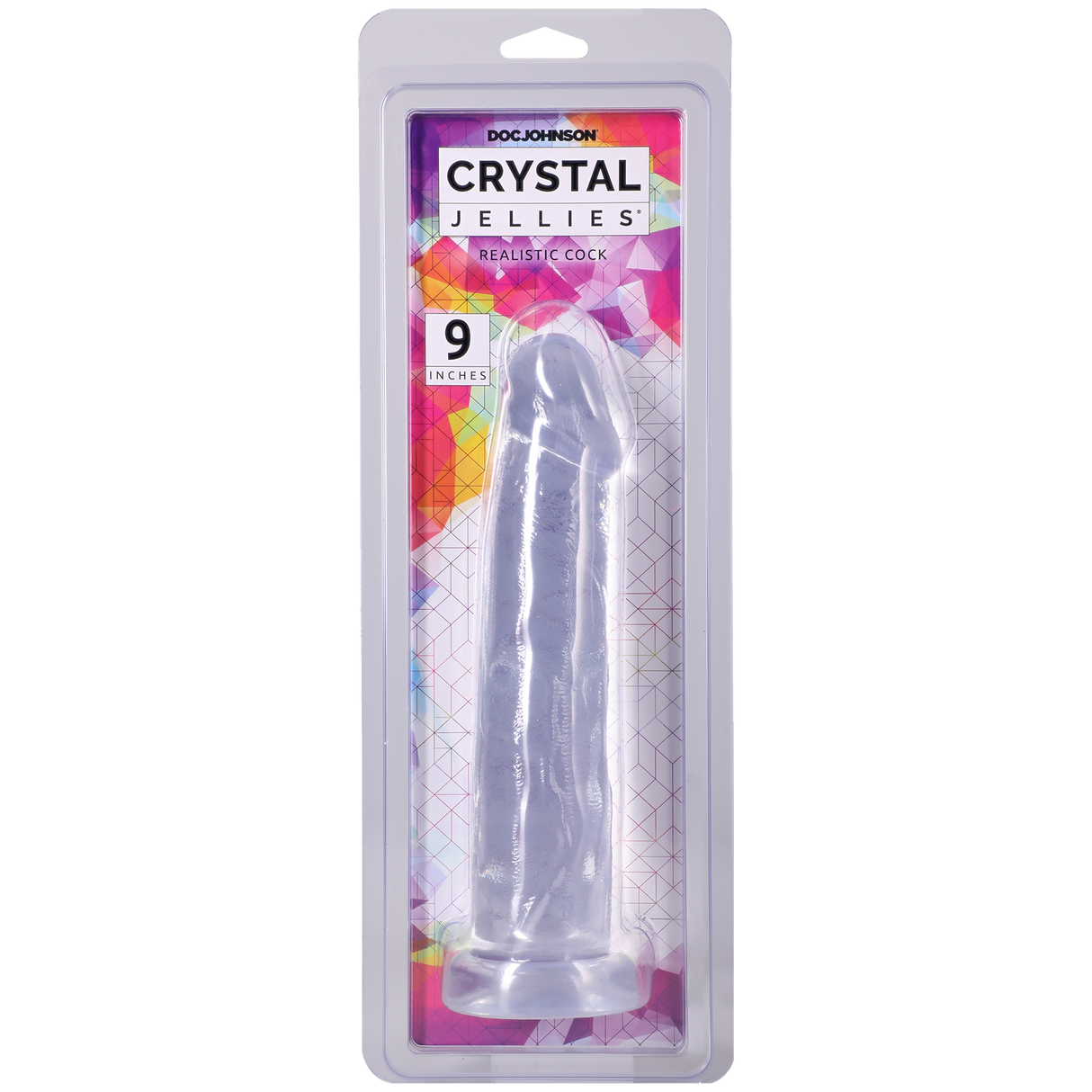 Crystal Jellies Realistic Cock 9 Inch Clear in packaging by Doc Johnson, showcasing its lifelike detail and clear design.