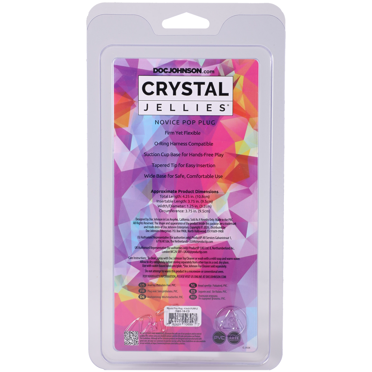 Crystal Jellies Novice Pop Plug 4 Inch Purple packaging with product details and features.