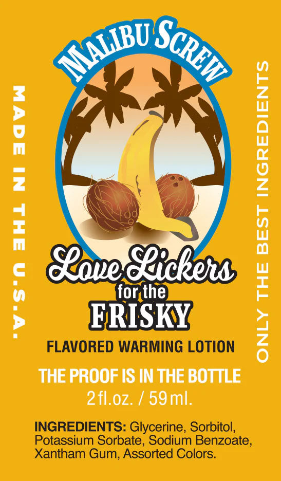 Love Lickers Malibu Screw Warming Massage Oil 1.76 Oz packaging with tropical design and ingredient list.