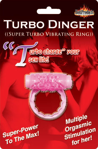 Humm Dinger Turbo Vibrating Cock Ring Magenta on packaging with taglines for enhanced sexual pleasure.