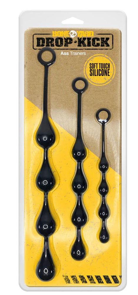 Boneyard Drop-Kick Silicone Ass Trainer 3 Piece Set Black packaging with three graduated trainers.
