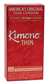 Kimono Lubricated Thin Latex Condoms 12 Pack box featuring original thin condom design and product details.