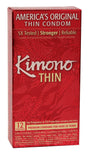 Kimono Lubricated Thin Latex Condoms 12 Pack box featuring original thin condom design and product details.