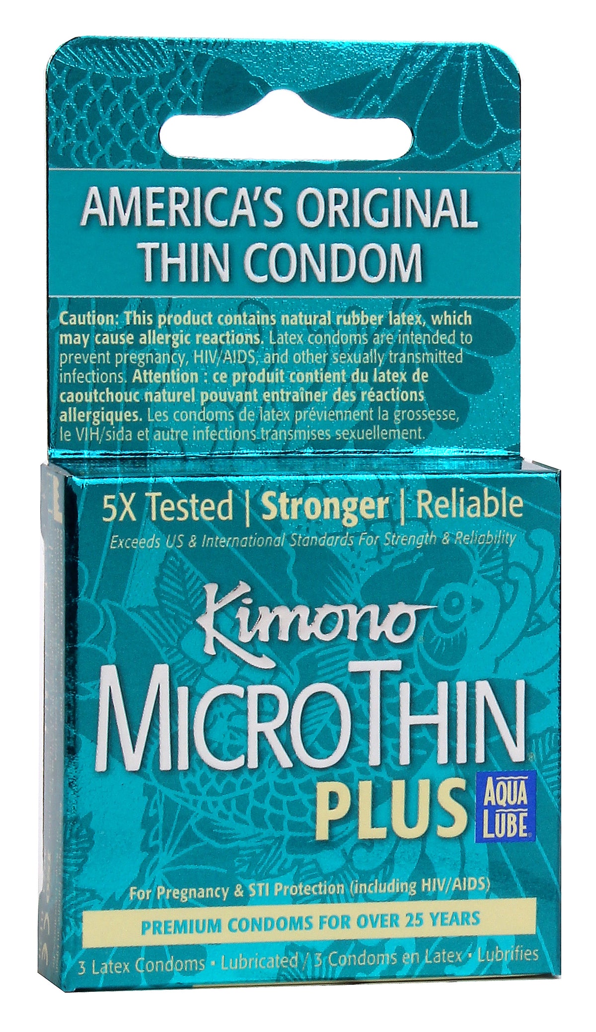Kimono Microthin Condoms with Aqua Lube 3 Pack packaging featuring ultra-thin latex design and pre-applied lube.