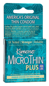 Kimono Microthin Condoms with Aqua Lube 3 Pack packaging featuring ultra-thin latex design and pre-applied lube.
