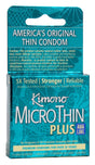 Kimono Microthin Condoms with Aqua Lube 3 Pack packaging featuring ultra-thin latex design and pre-applied lube.