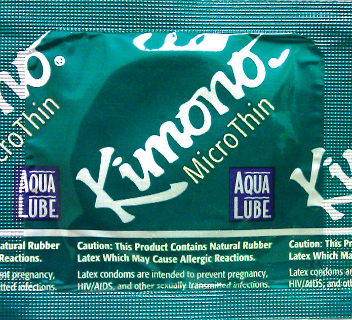 Kimono Microthin Condoms with Aqua Lube 3 Pack packaging featuring ultra-slim latex and water-based glide.