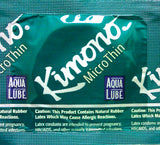 Kimono Microthin Condoms with Aqua Lube 3 Pack packaging featuring ultra-slim latex and water-based glide.