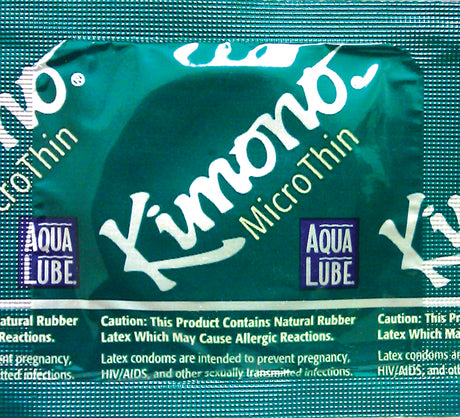 Kimono Microthin Condoms with Aqua Lube 3 Pack packaging featuring ultra-slim latex and water-based glide.