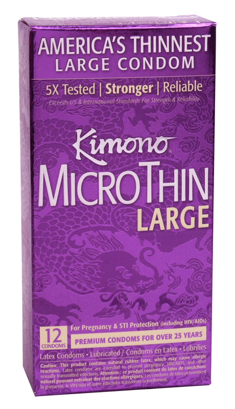 Kimono Microthin Large Latex Condoms 12 Pack packaging, America's thinnest large condom, premium quality.