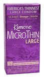 Kimono Microthin Large Latex Condoms 12 Pack packaging, America's thinnest large condom, premium quality.