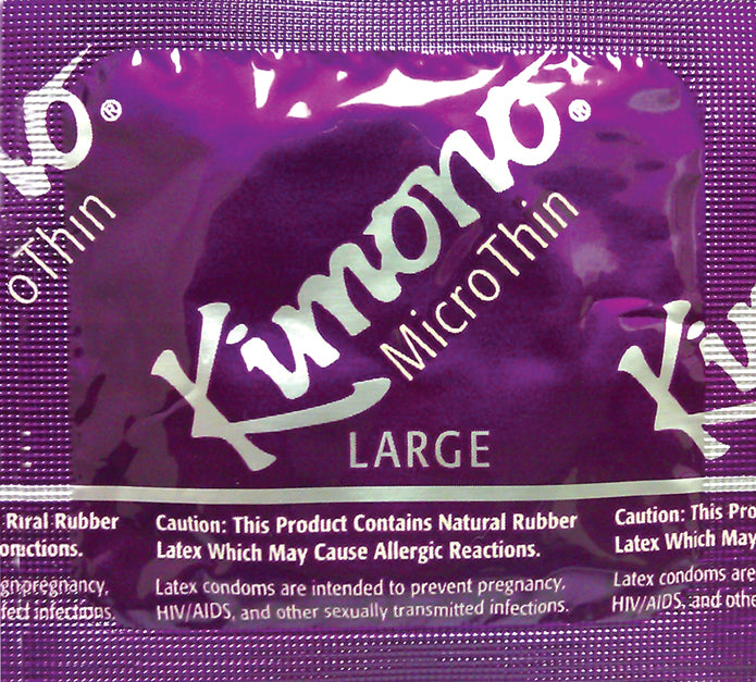 Kimono Microthin Large Latex Condoms 12 Pack packaging featuring a purple design and allergy warnings.