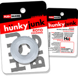 Oxballs Roto Grooved Gripper-Ribbed Cockring Clear Steam displayed in packaging, featuring a clear silicone design and product details.