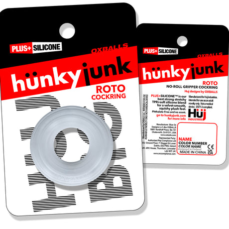 Oxballs Roto Grooved Gripper-Ribbed Cockring Clear Steam displayed in packaging, featuring a clear silicone design and product details.
