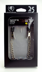 Spartacus Endurance Nipple Clamps Tapered Tip packaging showcasing nipple clamps with rubber tips and link chain.