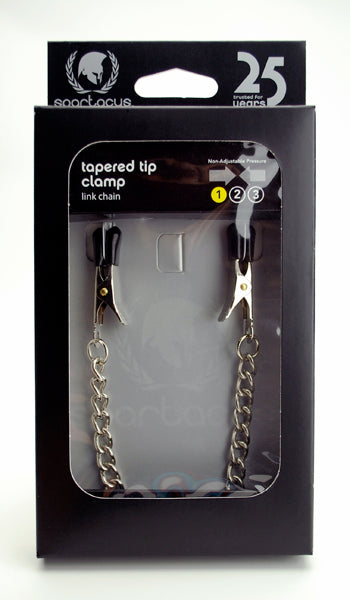 Spartacus Endurance Nipple Clamps Tapered Tip packaging showcasing nipple clamps with rubber tips and link chain.