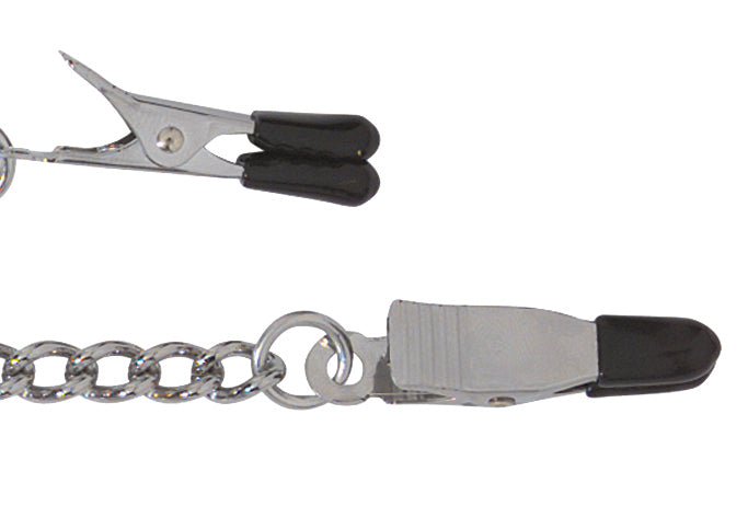 Spartacus Endurance Nipple Clamps Tapered Tip showing rubber-tipped clamps and connecting chain for nipple play.