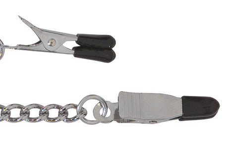 Spartacus Endurance Nipple Clamps Tapered Tip showing rubber-tipped clamps and connecting chain for nipple play.