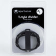 Spartacus Leather T Style Cock and Ball Divider Black in packaging showcasing snap closure design.
