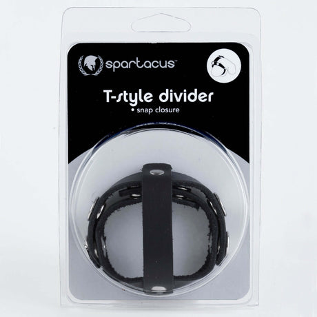 Spartacus Leather T Style Cock and Ball Divider Black in packaging showcasing snap closure design.